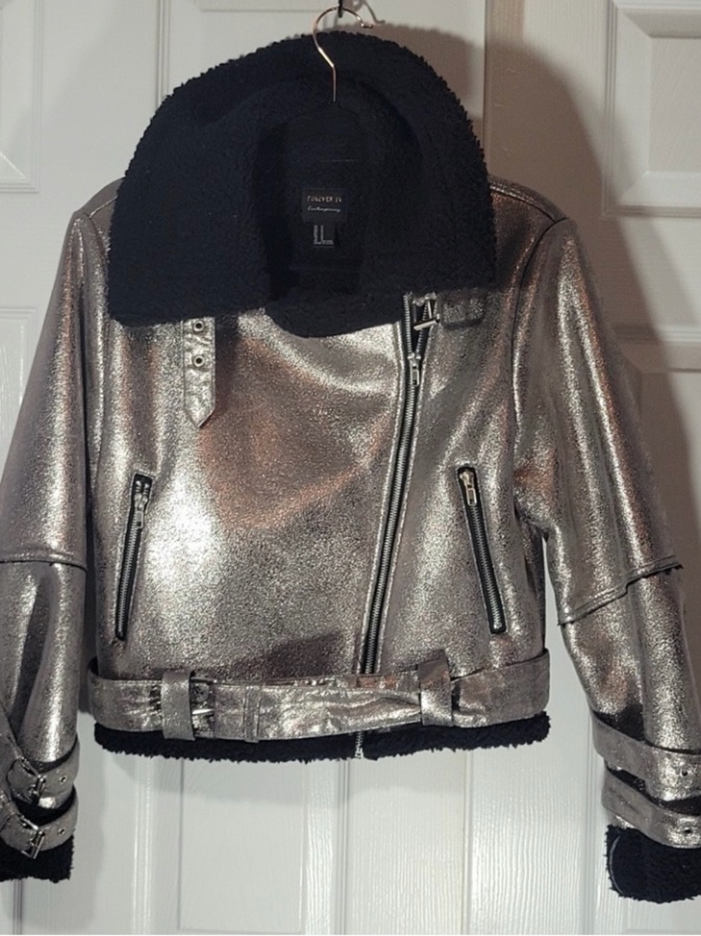 Forever 21 Metallic Silver Moto Jacket with Black Faux Shearling Collar